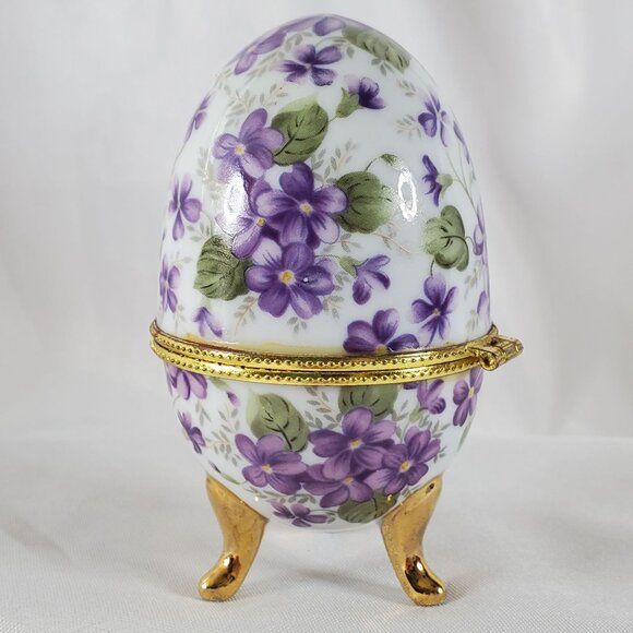 Vintage Egg Shaped Violet Floral Porcelain Trinket Box Hinged Footed Jewelry Box - Picture 7 of 12